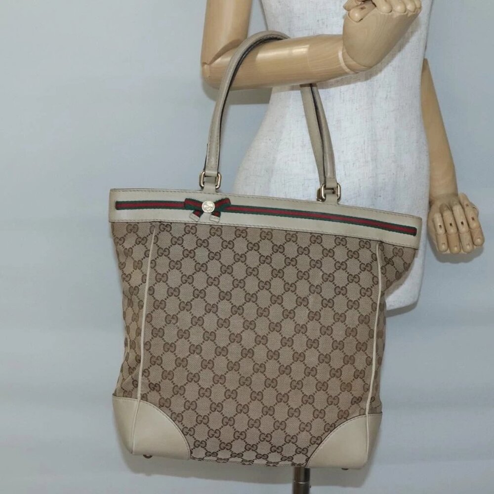 GUCCI GG Canvas Web Sherry Line Tote Bag Beige Gold 257062 Auth 140783 - Picture 14 of 16